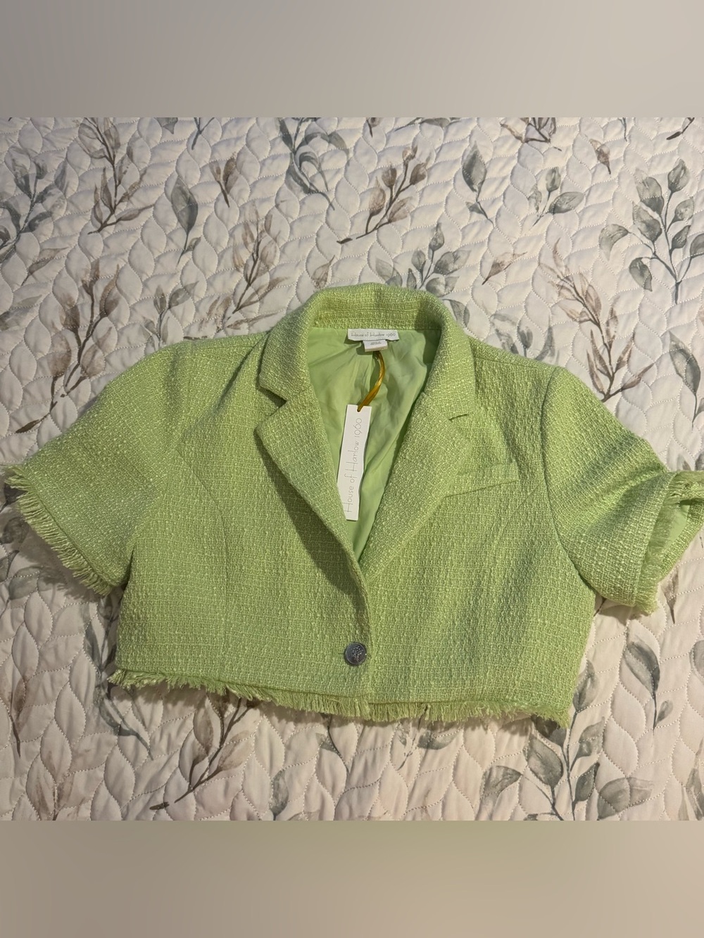 NWT House of Harlow 1960 Lime Green Cropped Tweed Fringe Blazer Jacket